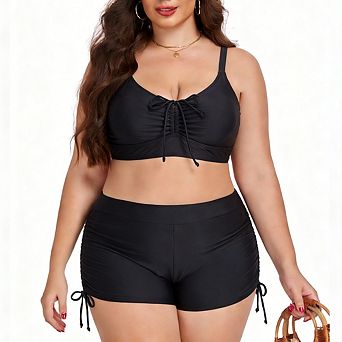 Women Plus Size Drawstring High Waisted Bikini Set Srting Swimsuit