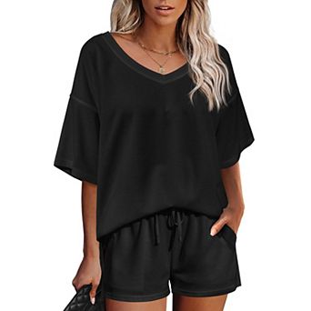 Ekouaer Womens 2 pc Short Sleeve Waffle Knit V Neck Off Shoulder Casual Loose Fit Sweatsuit Outfits