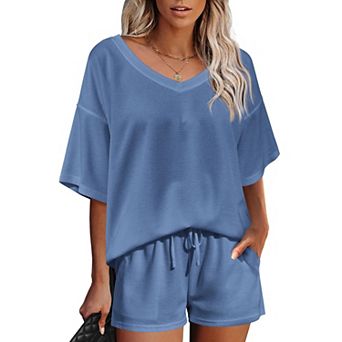 Ekouaer Womens 2 pc Short Sleeve Waffle Knit V Neck Off Shoulder Casual Loose Fit Sweatsuit Outfits