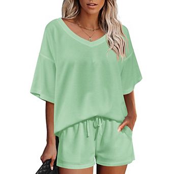 Ekouaer Womens 2 pc Short Sleeve Waffle Knit V Neck Off Shoulder Casual Loose Fit Sweatsuit Outfits