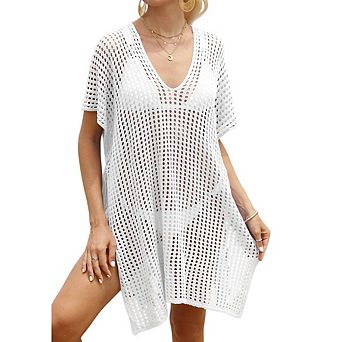Women's Loose Swimsuit Crochet V Neck Swim Coverups Bathing Suit Bikini Vacation Cover up