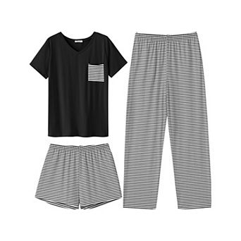 Ekouaer Women's 3 pc Pajama Set Short Sleeve Sleepwear Pj Set Top and Shorts Pants Pjs with Pockets