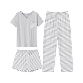 Ekouaer Women's 3 pc Pajama Set Short Sleeve Sleepwear Pj Set Top and Shorts Pants Pjs with Pockets