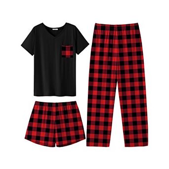 Ekouaer Women's 3 pc Pajama Set Short Sleeve Sleepwear Pj Set Top and Shorts Pants Pjs with Pockets