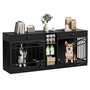 Double Dog Crate Furniture for 2 Small or Medium Dogs,Dog Kennel with Storage,Feeding Bowls,TV Stand
