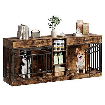 Double Dog Crate Furniture for 2 Small or Medium Dogs,Dog Kennel with Storage,Feeding Bowls,TV Stand