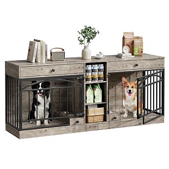 Double Dog Crate Furniture for 2 Small or Medium Dogs,Dog Kennel with Storage,Feeding Bowls,TV Stand