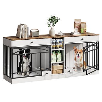 Double Dog Crate Furniture for 2 Small or Medium Dogs,Dog Kennel with Storage,Feeding Bowls,TV Stand