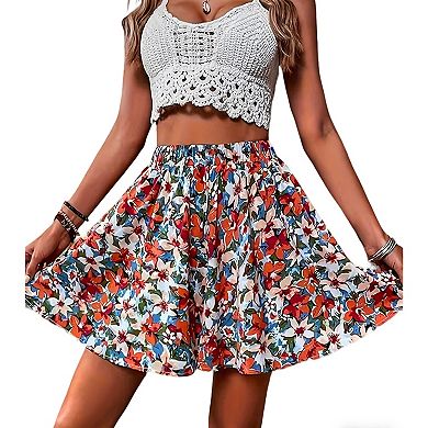 Women's Plus Size Floral Print Elastic High Waisted Flowy Swing Shorts Summer Casual Soft Boho Pants
