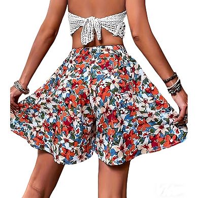 Women's Plus Size Floral Print Elastic High Waisted Flowy Swing Shorts Summer Casual Soft Boho Pants