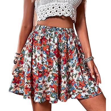 Women's Plus Size Floral Print Elastic High Waisted Flowy Swing Shorts Summer Casual Soft Boho Pants