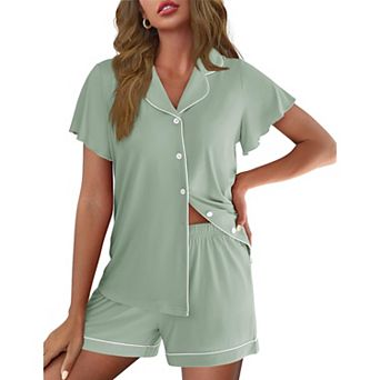 Ekouaer Pajamas for Women Set Button Up Pjs Ruffle Sleeve Sleepwear Notch Collar Bride Soft Pj
