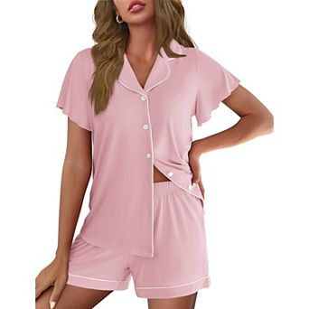 Ekouaer Pajamas for Women Set Button Up Pjs Ruffle Sleeve Sleepwear Notch Collar Bride Soft Pj