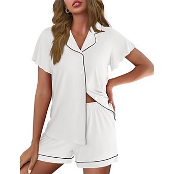 Ekouaer Pajamas for Women Set Button Up Pjs Ruffle Sleeve Sleepwear Notch Collar Bride Soft Pj