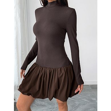 Women's Long Sleeve Mini Dress High Neck Ribbed Fitted Bodice with Bubble Hem Skirt