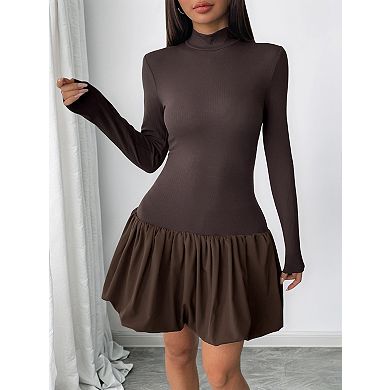 Women's Long Sleeve Mini Dress High Neck Ribbed Fitted Bodice with Bubble Hem Skirt