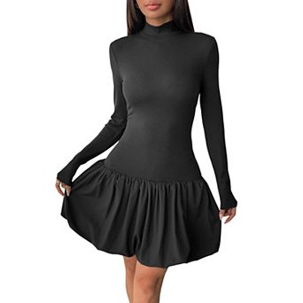 Women's Long Sleeve Mini Dress High Neck Ribbed Fitted Bodice with Bubble Hem Skirt