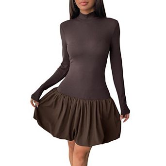 Women's Long Sleeve Mini Dress High Neck Ribbed Fitted Bodice with Bubble Hem Skirt