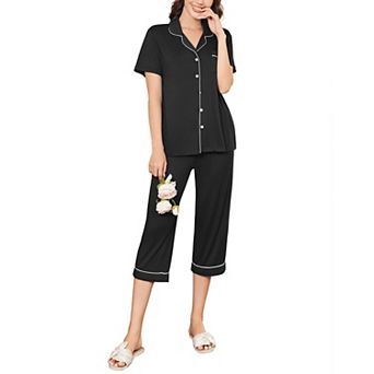 Ekouaer Pajamas for Women Set 2 pc Pjs Short Sleeve Button Down Sleepwear Capri Pant Lounge Set