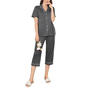 Ekouaer Pajamas for Women Set 2 pc Pjs Short Sleeve Button Down Sleepwear Capri Pant Lounge Set
