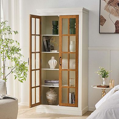 Freestanding Glass Door Pantry Farmhouse Display Cabinet with Lattice Window