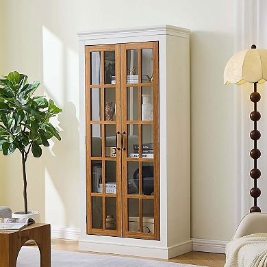 Freestanding Glass Door Pantry Farmhouse Display Cabinet with Lattice Window