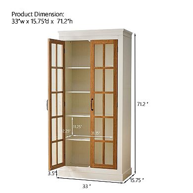 Freestanding Glass Door Pantry Farmhouse Display Cabinet with Lattice Window