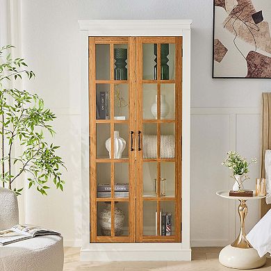 Freestanding Glass Door Pantry Farmhouse Display Cabinet with Lattice Window