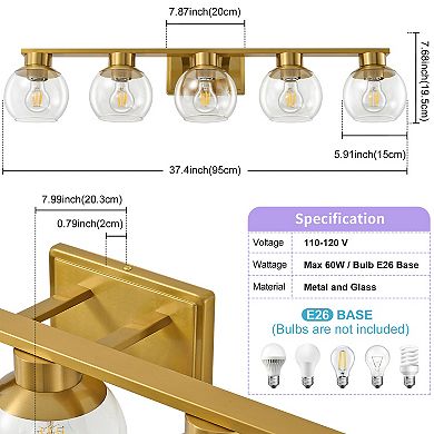 POWLIG 37.4" Vanity Light, 5-Light Modern Bathroom Fixture with Clear Glass Shades