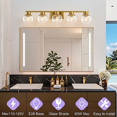 POWLIG 37.4" Vanity Light, 5-Light Modern Bathroom Fixture with Clear Glass Shades