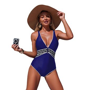 Women One Piece Swimsuit V-Neck Bathing Suit Tummy Control SwimSuit Color Block Adjustable Straps
