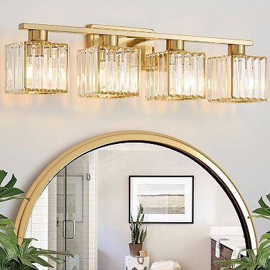 POWLIG 28.9" 4-Light Bathroom Vanity Light with Square Crystal Shades, Modern Lighting for Bathroom