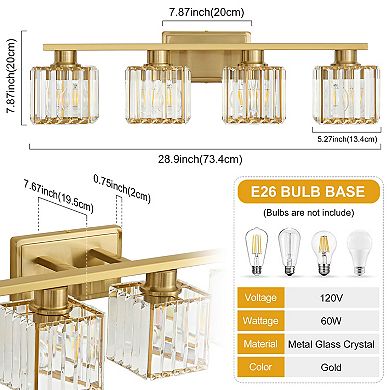 POWLIG 28.9" 4-Light Bathroom Vanity Light with Square Crystal Shades, Modern Lighting for Bathroom