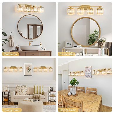 POWLIG 28.9" 4-Light Bathroom Vanity Light with Square Crystal Shades, Modern Lighting for Bathroom