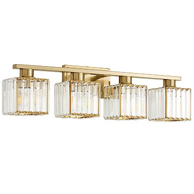 POWLIG 28.9" 4-Light Bathroom Vanity Light with Square Crystal Shades, Modern Lighting for Bathroom