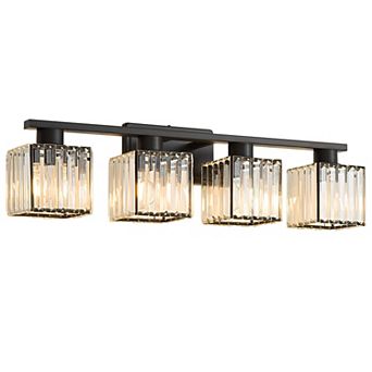 POWLIG 28.9" 4-Light Bathroom Vanity Light with Square Crystal Shades, Modern Lighting for Bathroom