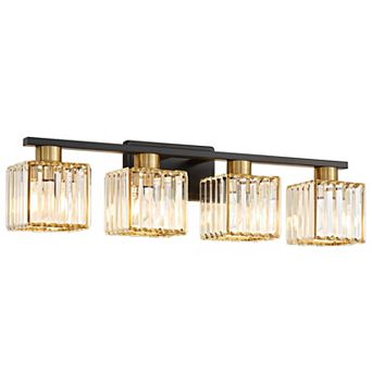 POWLIG 28.9" 4-Light Bathroom Vanity Light with Square Crystal Shades, Modern Lighting for Bathroom