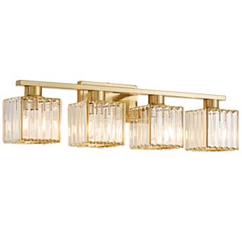 POWLIG 28.9" 4-Light Bathroom Vanity Light with Square Crystal Shades, Modern Lighting for Bathroom