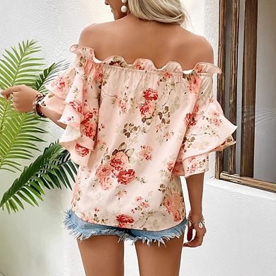 Women's Floral Print Off Shoulder Ruffle Trim Half Sleeve Tops