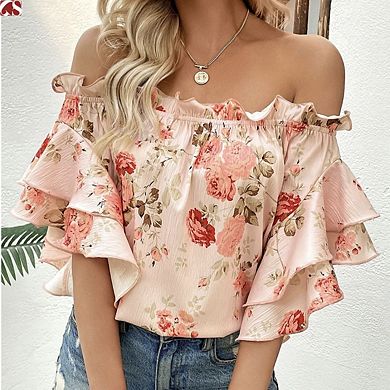 Women's Floral Print Off Shoulder Ruffle Trim Half Sleeve Tops