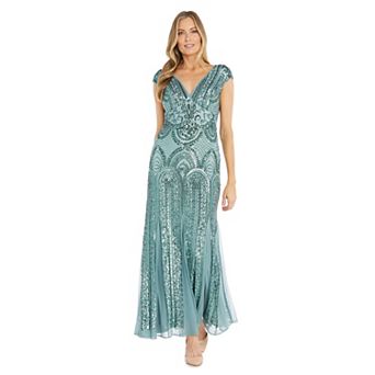 Petite R&M Richards Beaded V-Neck Gown with Sequin Mesh Godets