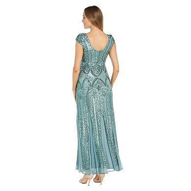 Petite R&M Richards Beaded V-Neck Gown with Sequin Mesh Godets
