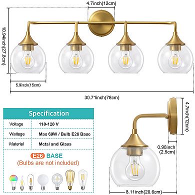 POWLIG 31" Vanity Light, 4-Light Dimmable Bathroom Fixture with Clear Glass Shades