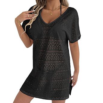 Women Lace Swimsuit Beach Cover Up Oversized Cap Sleeve Mesh Knit Bathing Suit Swim Mini Dress