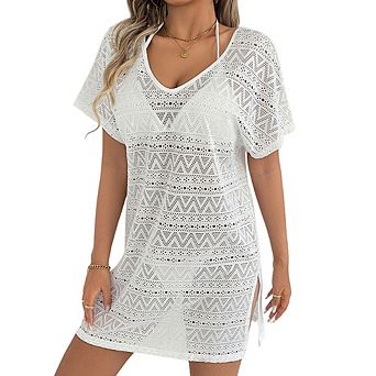 Women Lace Swimsuit Beach Cover Up Oversized Cap Sleeve Mesh Knit Bathing Suit Swim Mini Dress