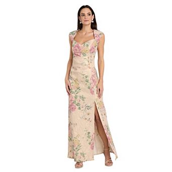 Petite R&M Richards Floral Jacquard Sweetheart Neck Side Slit Evening Gown