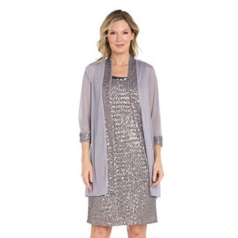 Petite R&M Richards 2 pc Embroidered Sequin Shift Dress & Chiffon Jacket Set