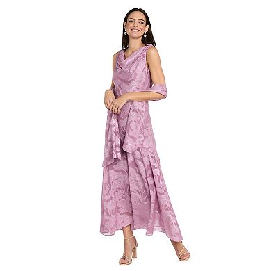 Petite R&M Richards Floral Jacquard Chiffon Cowlneck Scarf Dress