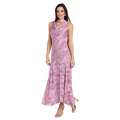 Petite R&M Richards Floral Jacquard Chiffon Cowlneck Scarf Dress