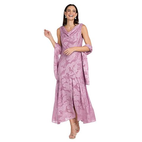 Женские платья R&M Petite R&M Richards Floral Jacquard Chiffon Cowlneck Scarf Dress